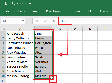 Alt Text: Column B flash filled with only the first part of the values in Column A.