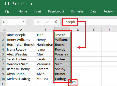 Column C flash filled with only the last part of the values in Column A.