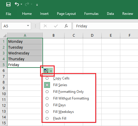 Different options for filling in series of Days
