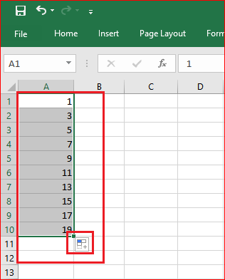 Series of first 10 odd numbers filled by Excel