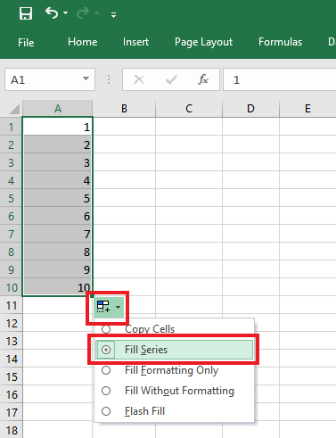 Alt Text: Selecting the ‘Fill Series Option’ to fill in the series