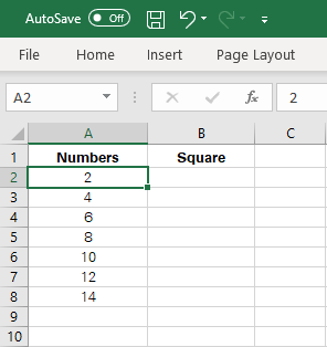 Data set containing numbers to be squared