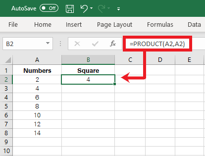 Finding square of the value contained in a cell using the Product function