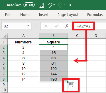 Using the Fill-Handle to find square for a list of numbers
