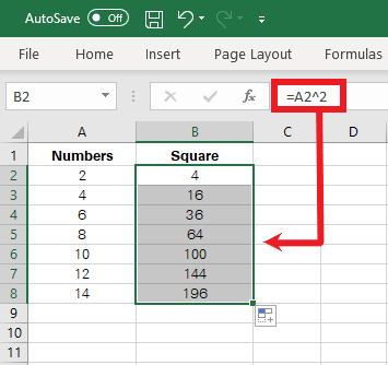 Using the Fill-Handle to find square for a list of numbers