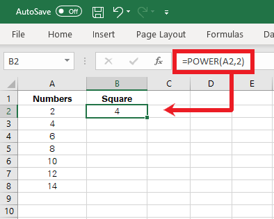 Employing the power function to find the square of a number