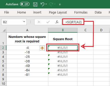 Using SQRT function to find the square root of a negative number in Excel