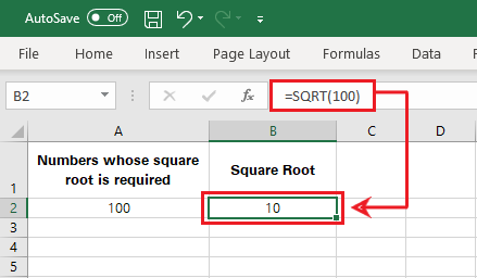 Square root in Excel using the SQRT function
