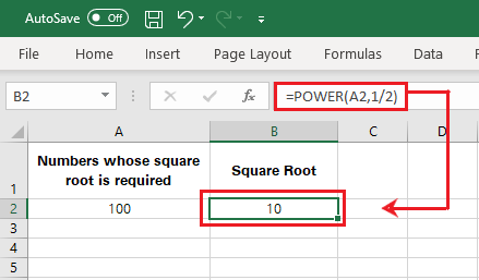 Finding the square root of a number using the Power function
