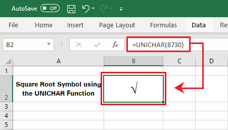 Using the UNICHAAR function to get a square root symbol