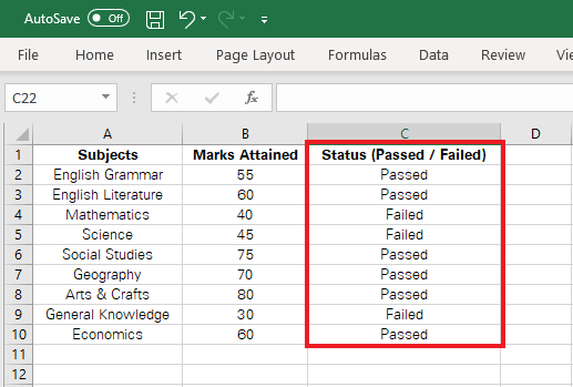 Dataset including the marks and passing status of each subject