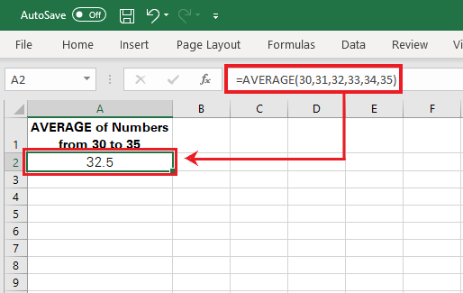 Excel computes the average for numbers 30 to 35
