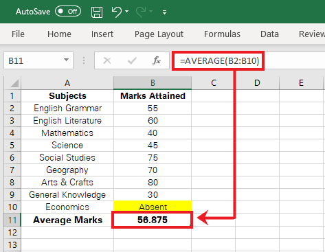 Excel computes the average for a defined range of cells containing a text value