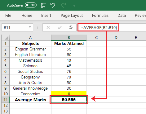 Excel computes average for the defined range of cells