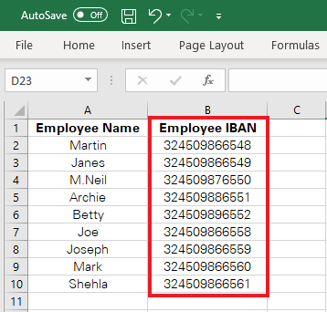 Excel has filtered out dashes from the IBANs