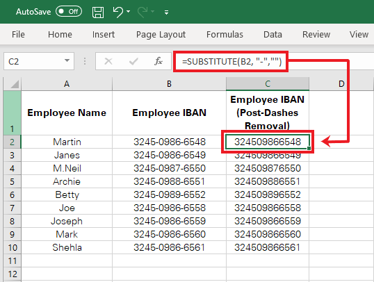 Excel has filtered out the dashes using the Substitute function