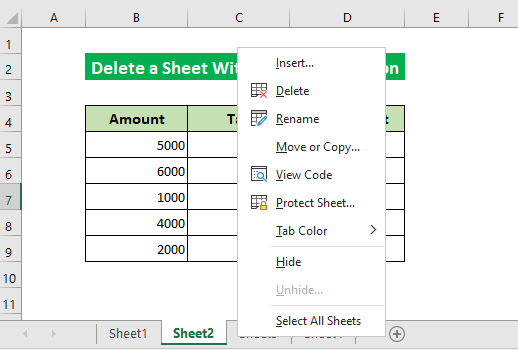 Selecting the sheet to be deleted