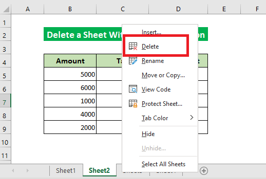 Selecting the delete option from the list of options