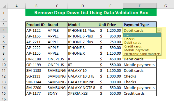 Example of the drop-down list in Excel