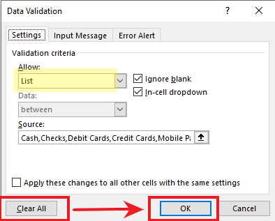 Selecting options from the Data Validation window