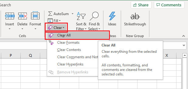 Using the Clear All option to remove drop-down lists