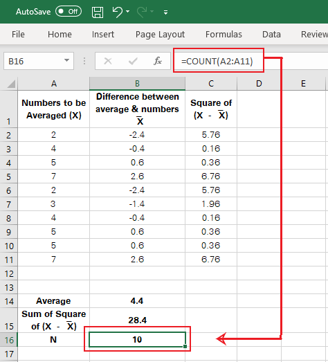 Using the COUNT function to determine the number of data points