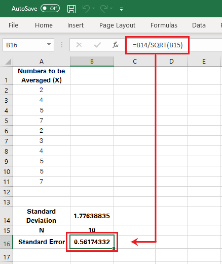 Finding the standard error in Excel using standard deviation and square root