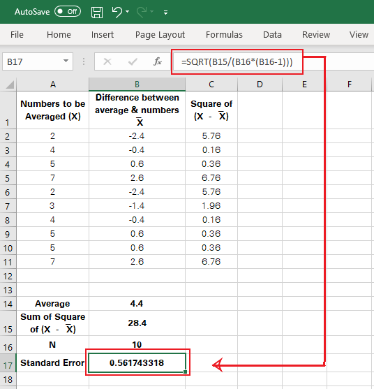 Finding the standard error in Excel using a mathematical formula