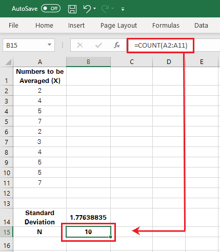 Using the COUNT function to determine the number of data points in the dataset