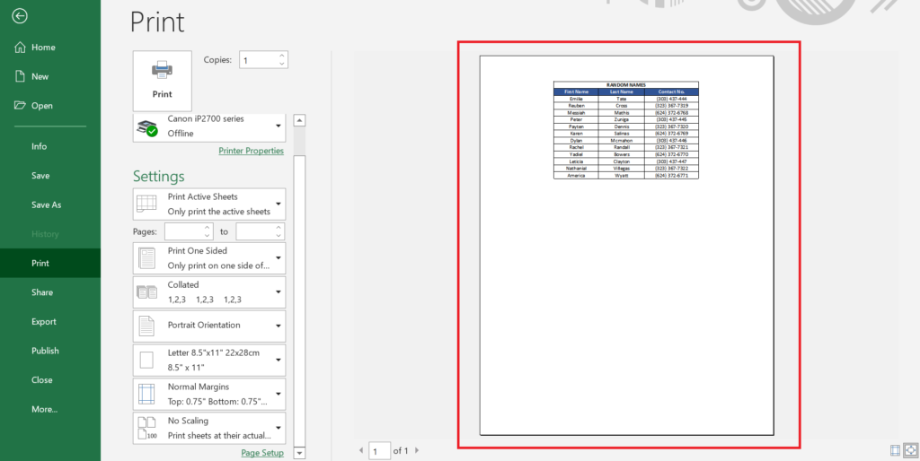 Sample Print Preview after centering worksheet contents horizontally