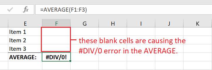 Example of a #DIV/0 error in AVERAGE() formula