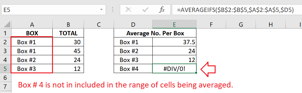 Example of a #DIV/0 error in AVERAGEIFS() formula