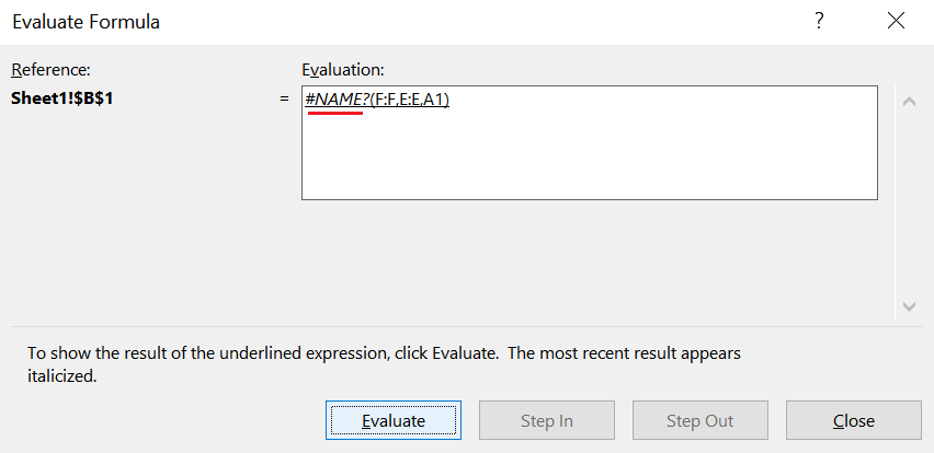 Sample #NAME error displayed on the "Evaluate Formula" menu