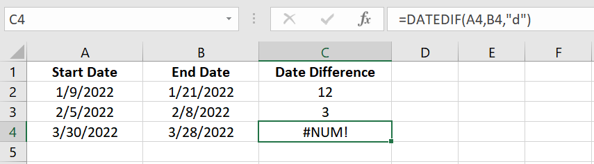 Sample #NUM error in DATEDIF() function