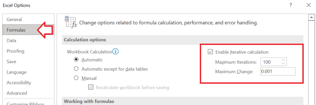 Steps to adjust the iterative calculation settings