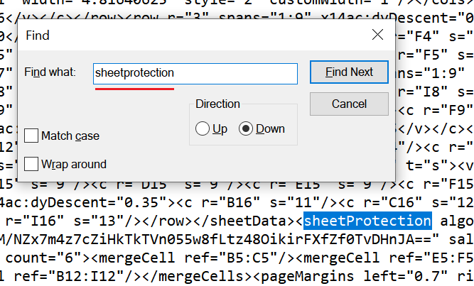 Find "sheetProtection" in XML file