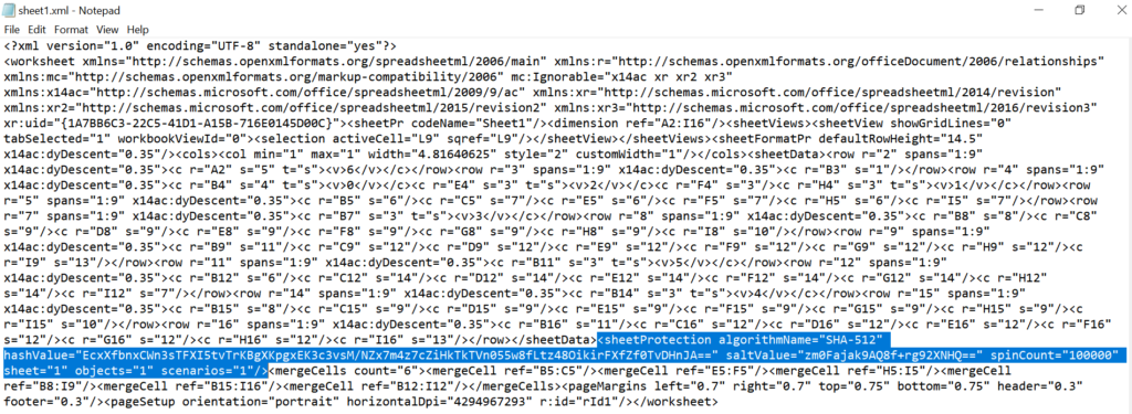Highlight the entire sheetProtection tag in the XML file