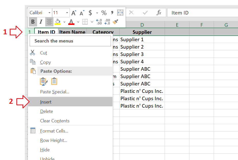 Insert a new row above the header for the sort numbers