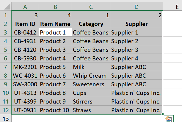 Entire data set selected including sort numbers