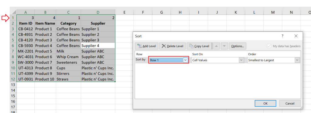 Set the 'Sort By' option to match the row where sort numbers are located