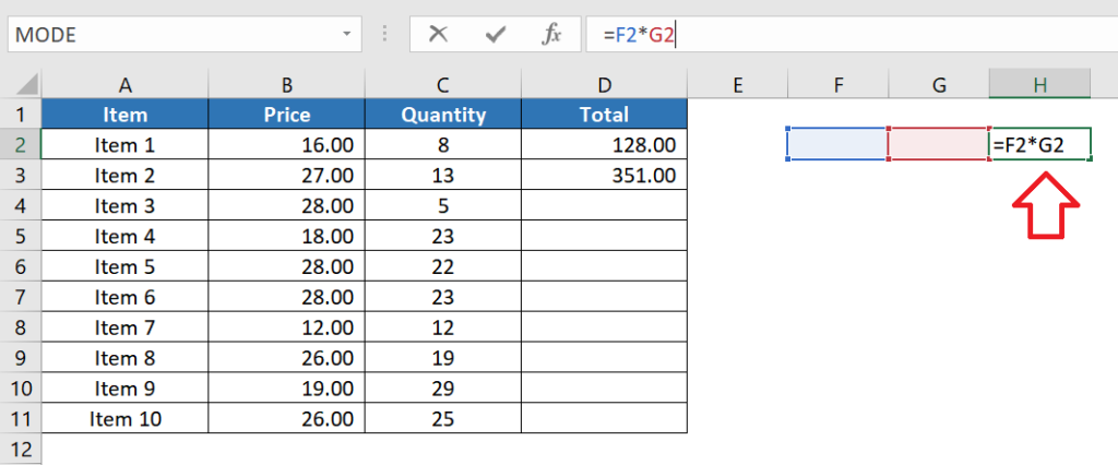 An example of what happens when a formula with relative cell references is copied on a different column