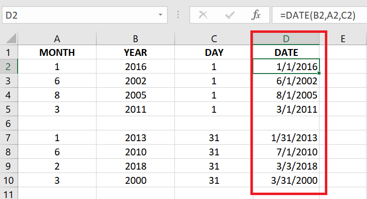 Sample output after applying the DATE() formula