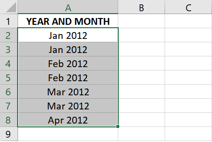 Highlight the cells in the Year and Month column