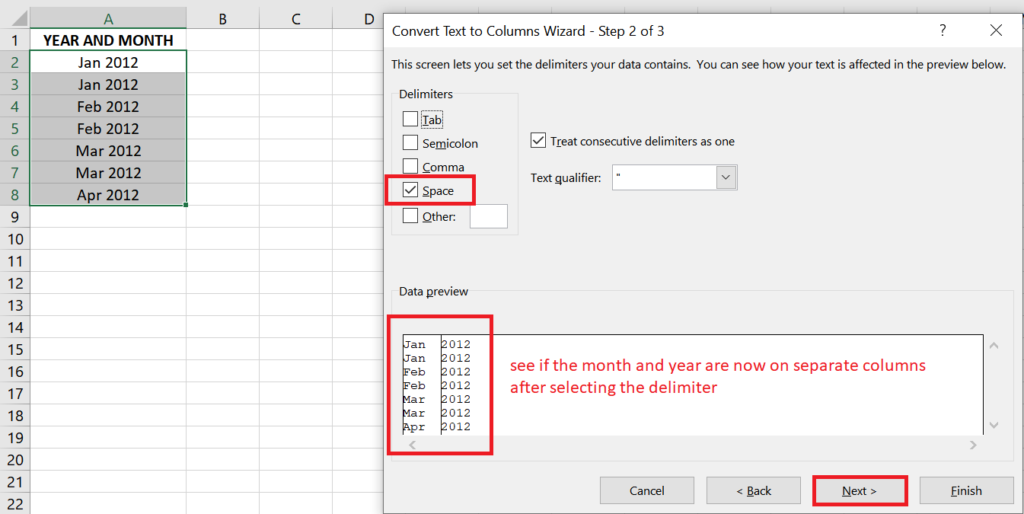Select "Space" as the delimiter 