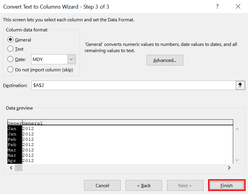 Last step in the Convert Text to Columns Wizard
