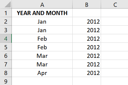Sample output when year and month are separated by the Text to Columns option