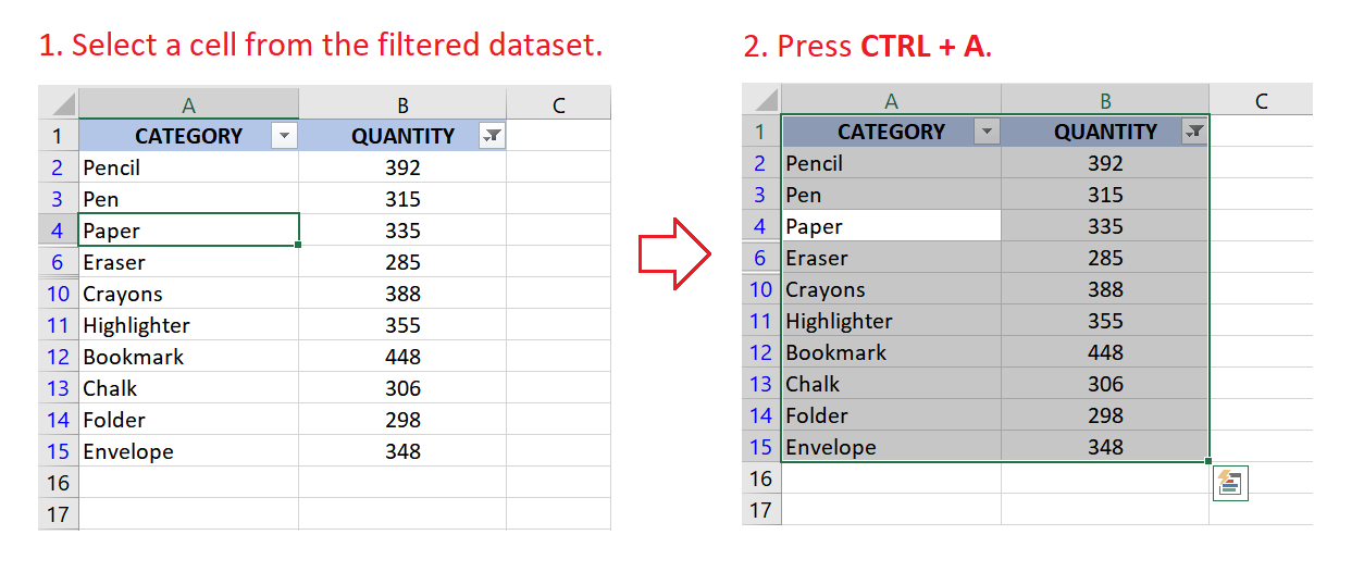 Steps to select all cells in a filtered data set