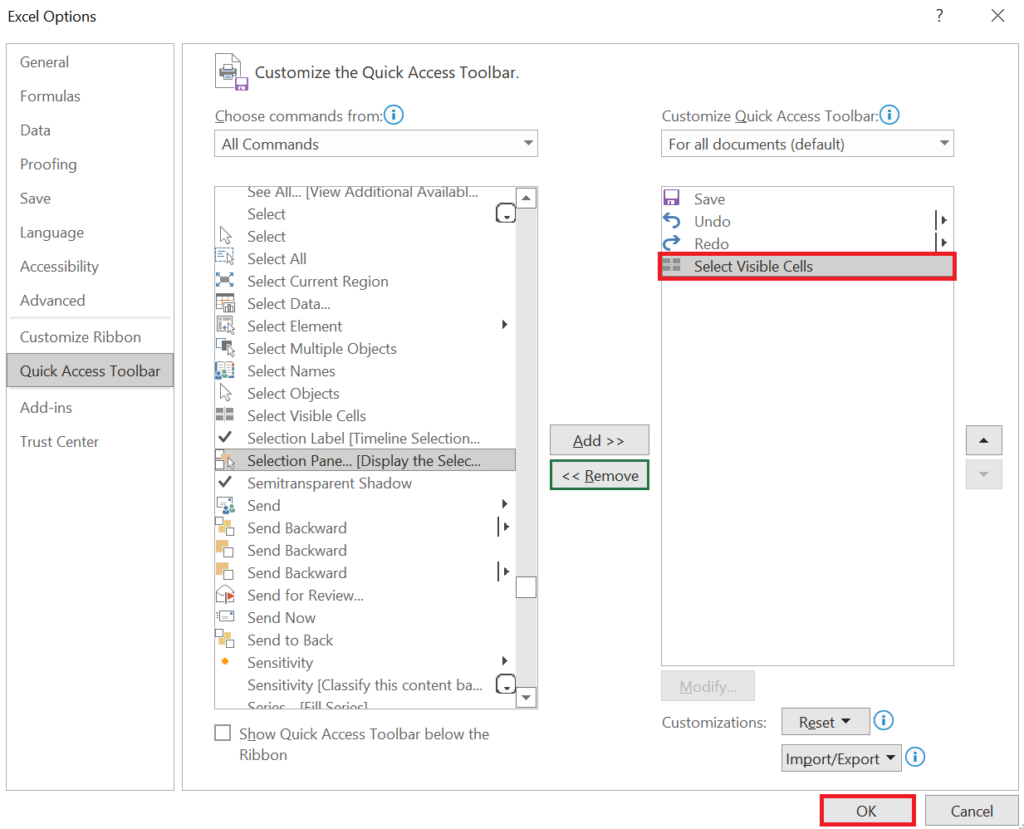 How the Customize Quick Access Toolbar look like after adding the "Select Visible Cells" command