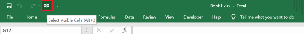 The "Select Visible Cells" button added in the Quick Access Toolbar (QAT)