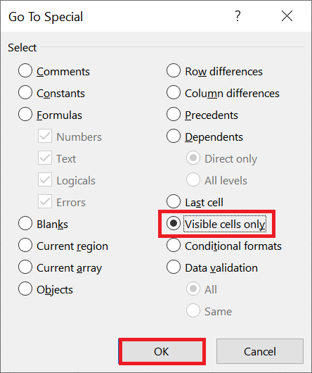 Select the "Visible cells only" option from the Go To Special menu